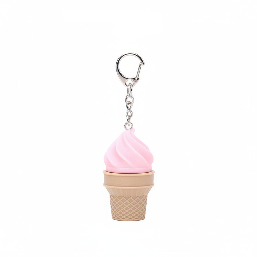 Pink soft-serve swirl plastic ice cream cone fidget clicker keychain with tan waffle cone base, silver chain, and silver lobster clasp clip, white background