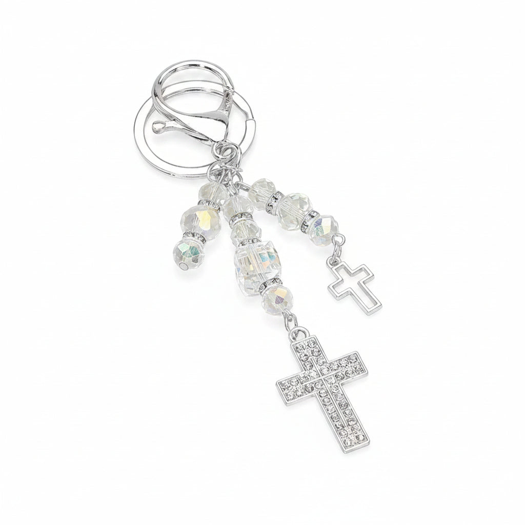 Double rhinestone cross charm drop bag charm keychain with iridescent AB crystal faceted beads and silver rhinestone spacers, silver-tone open cross and pavé rhinestone cross pendants, silver lobster clasp and key ring, white background