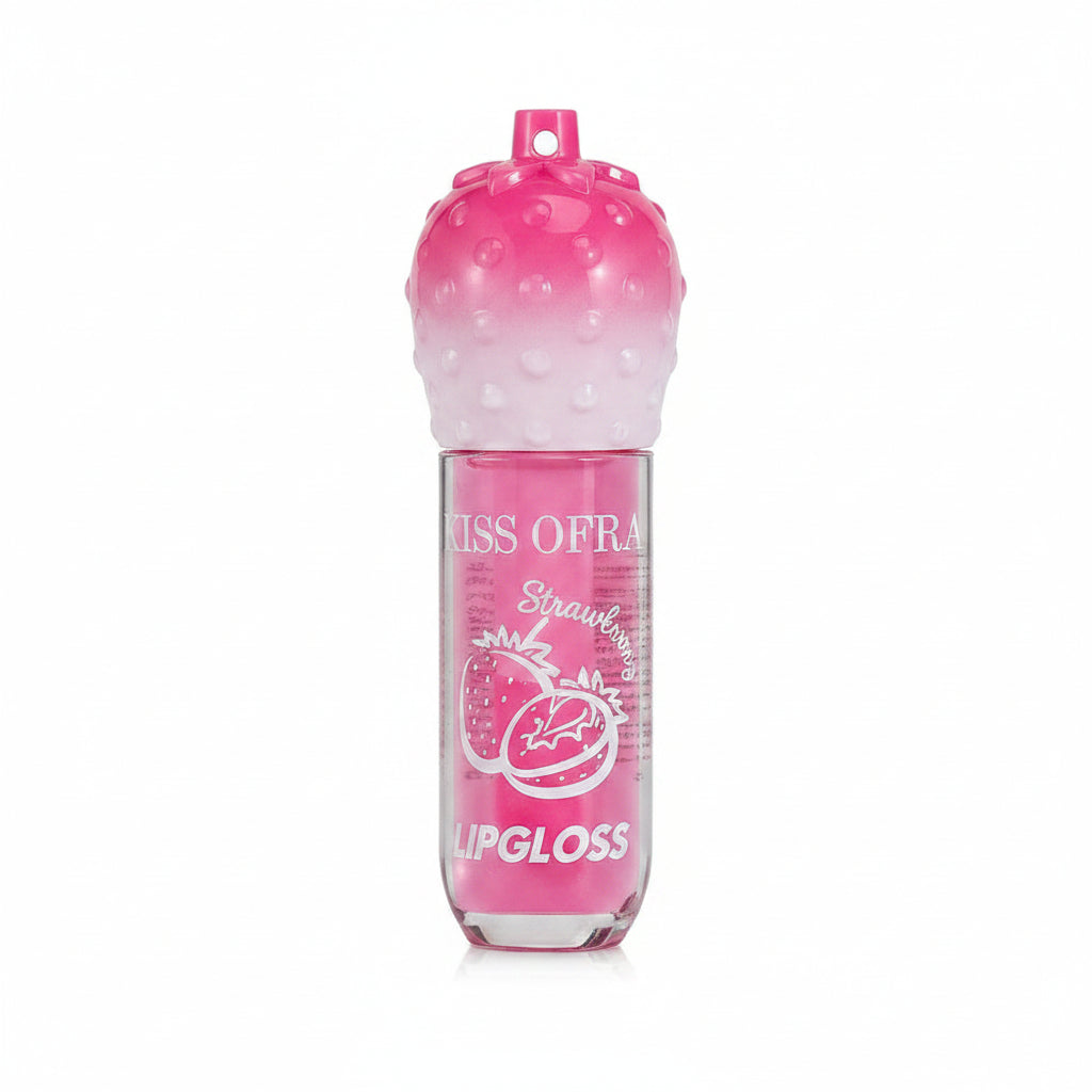 Strawberry lip gloss in hot pink-to-white ombre strawberry-shaped tube with textured bumpy cap and clear cylindrical body, strawberry fruit illustration and "Lip Gloss" text printed on tube, white background