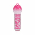 Strawberry lip gloss in hot pink-to-white ombre strawberry-shaped tube with textured bumpy cap and clear cylindrical body, strawberry fruit illustration and "Lip Gloss" text printed on tube, white background