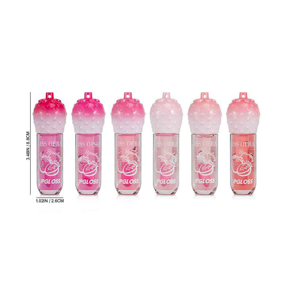 Six strawberry lip gloss tubes in a gradient of shades from hot pink to soft blush pink, strawberry-shaped textured ombre caps, clear cylindrical bodies with strawberry illustration, dimensions shown as 1.02 in / 2.6 cm wide and 3.46 in / 8.8 cm tall, white background
