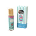 10ml mini eau de parfum roller bottle with gold cap and teal blue and white vertical stripe illustrated box, vanilla gourmand ice cream dessert label, NO:2373-27, white background