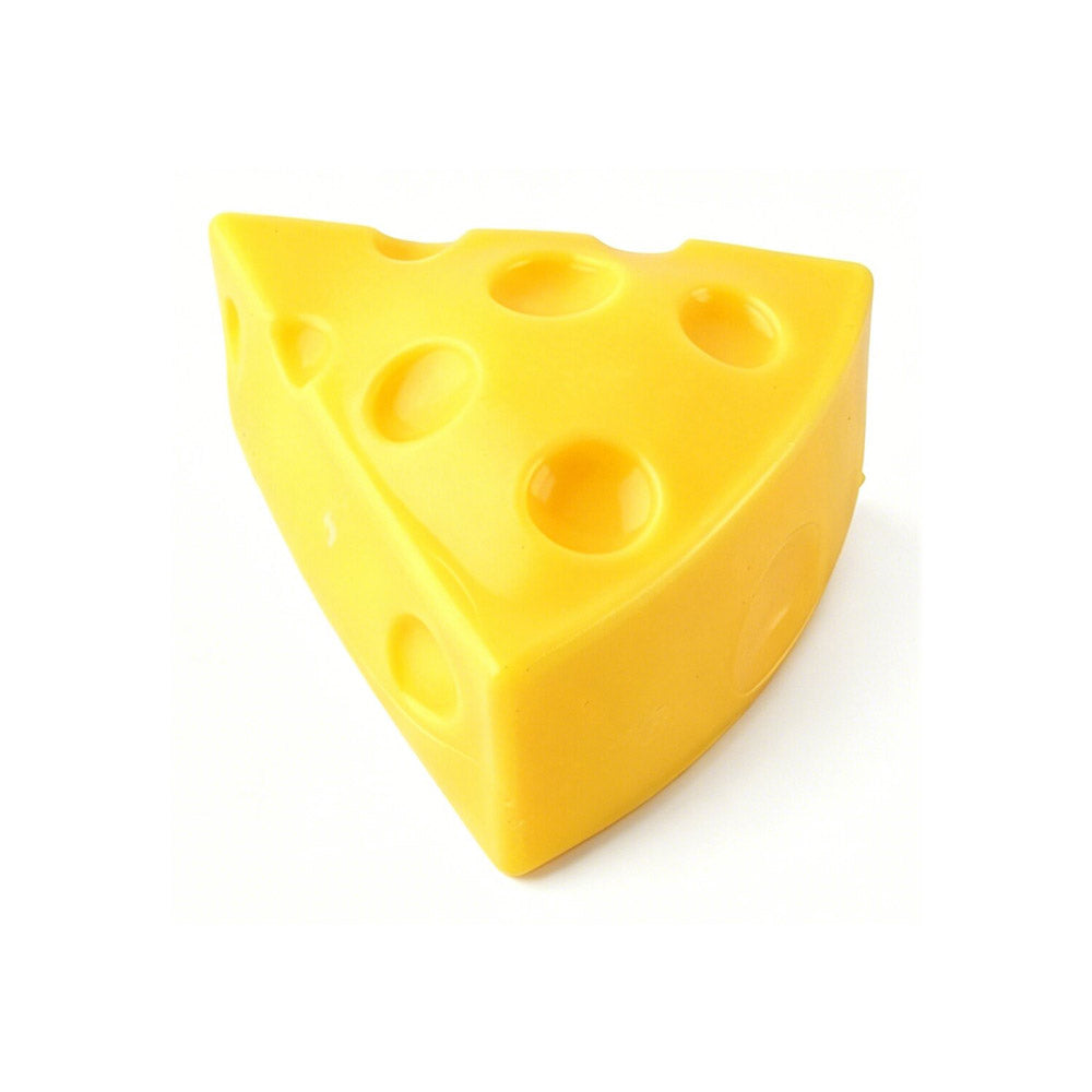 Yellow triangular cheese wedge squeeze squishy stress relief toy with circular holes on surface, soft foam texture, white background, sold individually