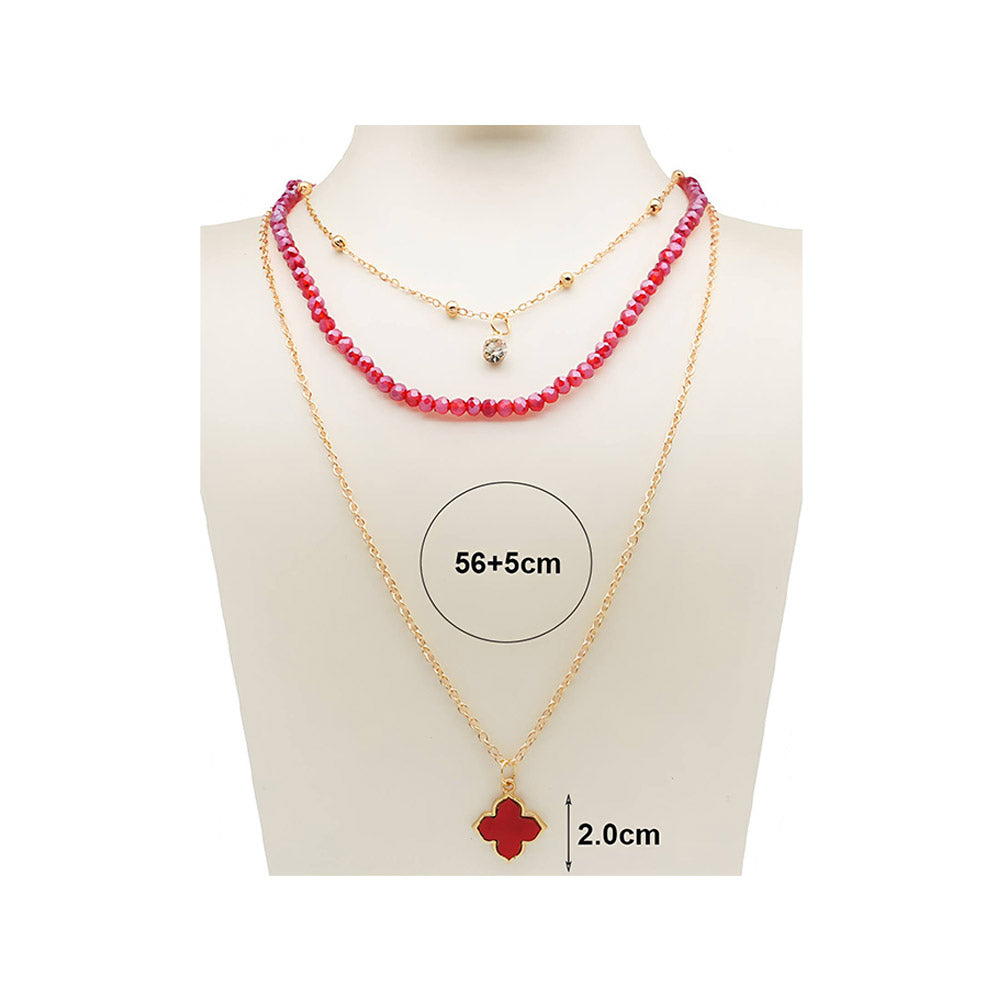 Red faceted crystal beaded layered necklace on white mannequin bust — 3-strand design with red quatrefoil pendant 2.0cm, necklace length 56+5cm extender, rhinestone accent charm