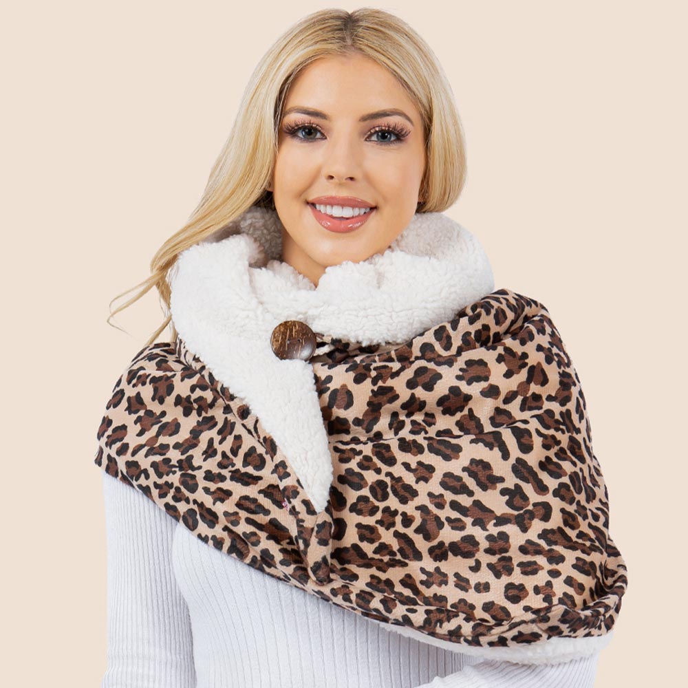 Women's Leopard Print Sherpa Convertible Shawl Wrap Scarf – Ivory