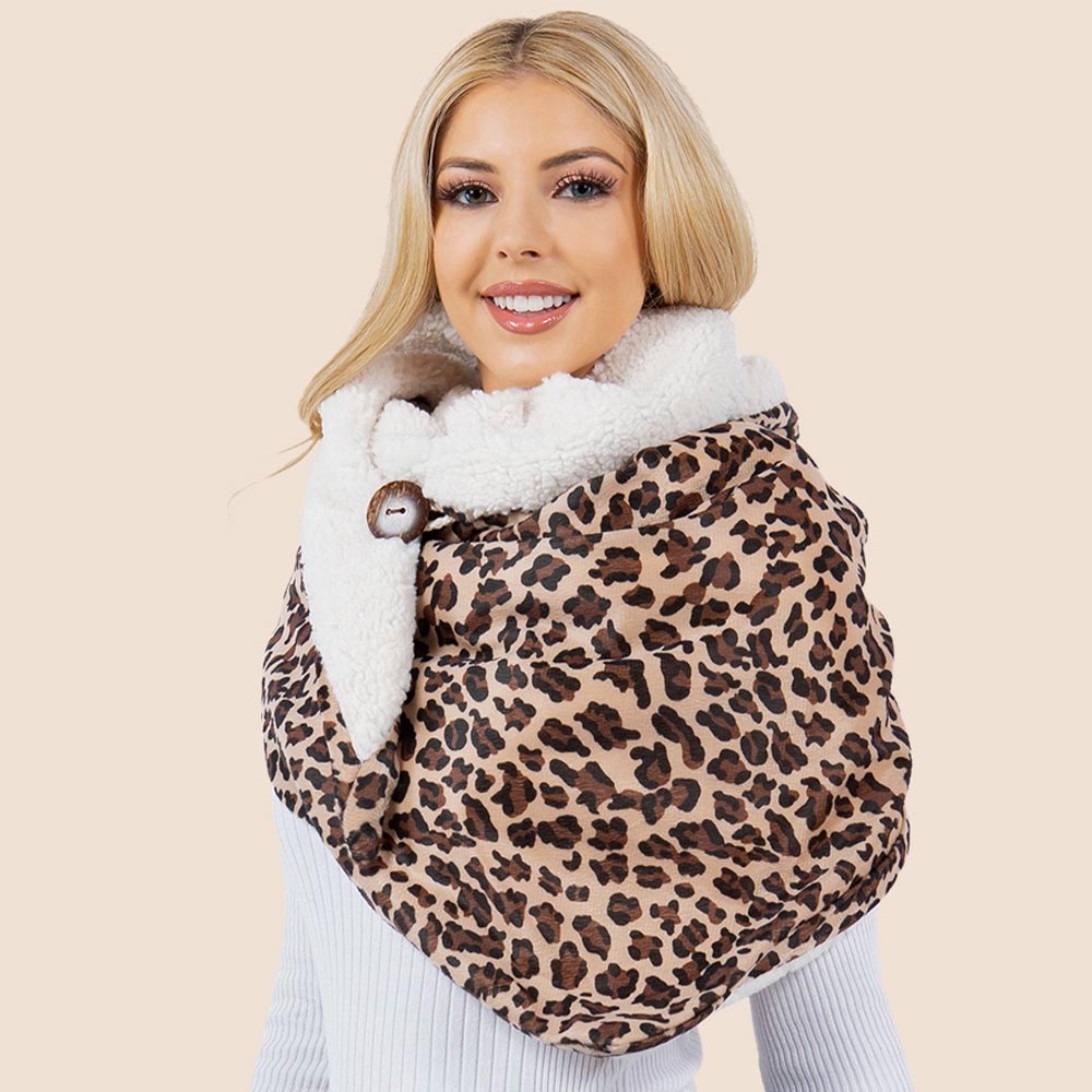 Women's Leopard Print Sherpa Convertible Shawl Wrap Scarf – Ivory