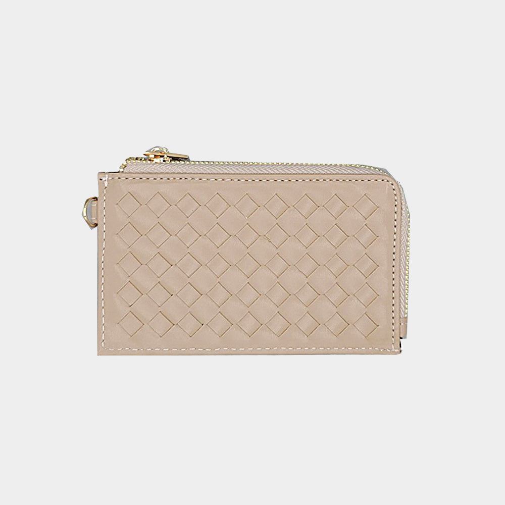 Beige woven wallet on a light gray background