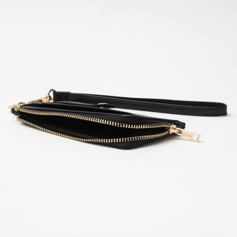 Black wristlet with gold zipper on a white background