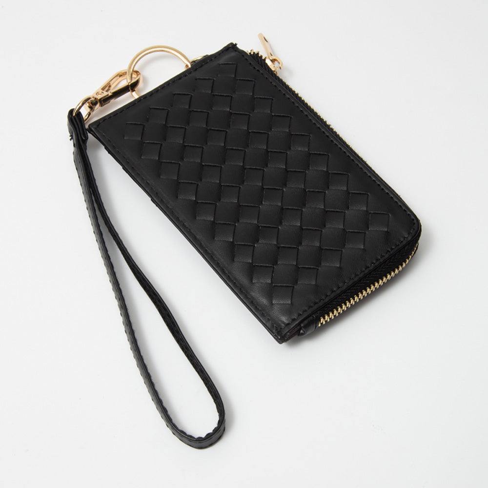 Black woven wallet with a strap on a white background