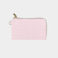 A light pink woven leather zip-around wallet with gold-tone hardware, shown on a plain light gray background.