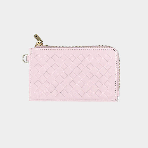 A light pink woven leather zip-around wallet with gold-tone hardware, shown on a plain light gray background.