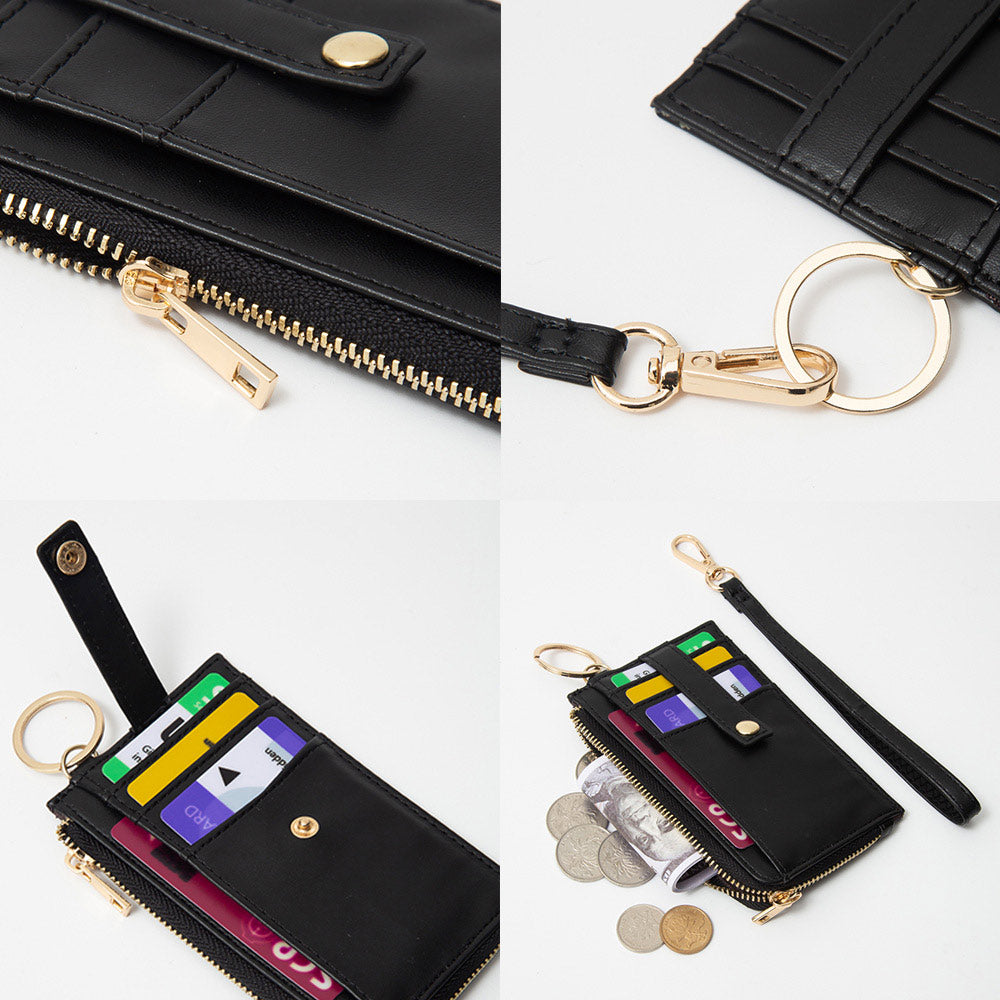 Black wallet with keychain and card holder on a white background