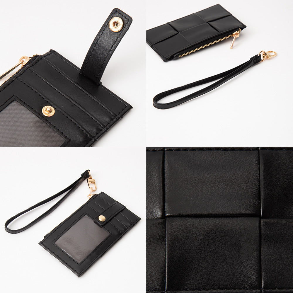 Black leather wallet with wrist strap on a white background