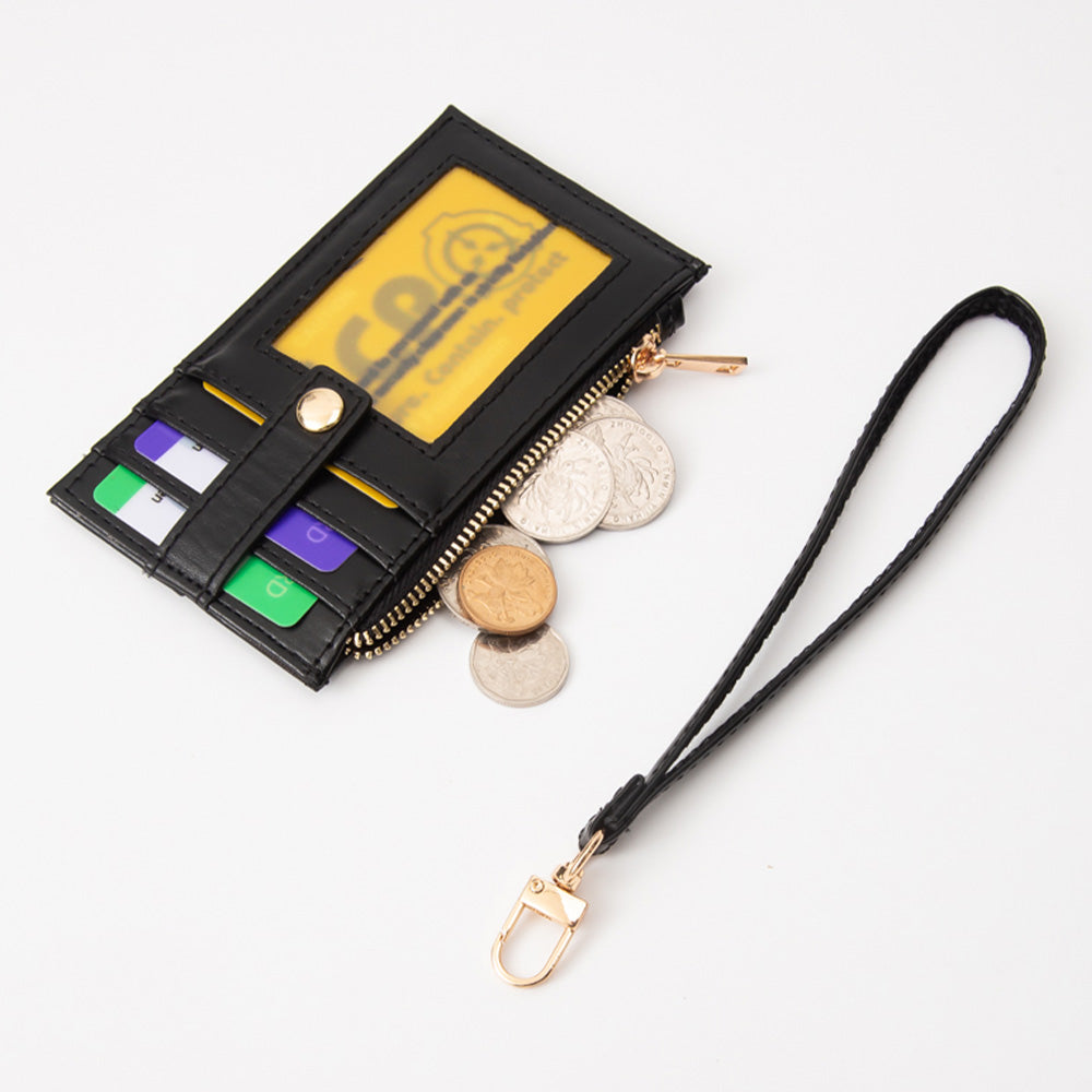 Black wallet with colorful card slots and coin pouch, attached to a lanyard on a white background