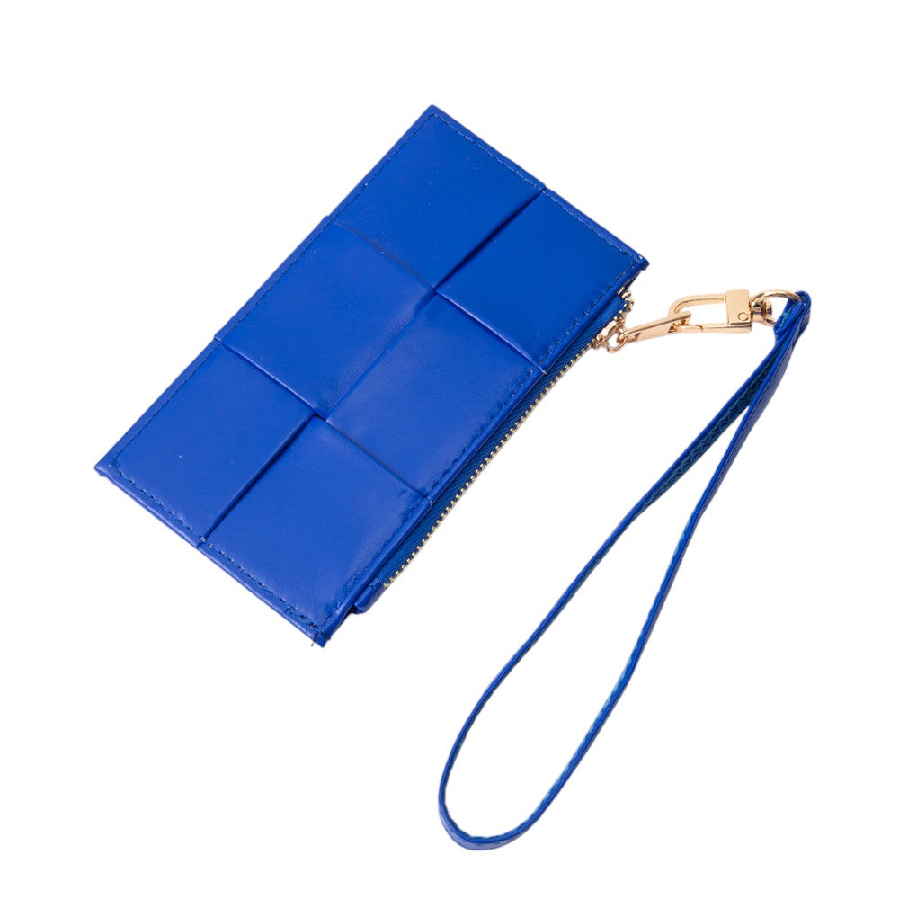 Blue clutch with a strap on a white background