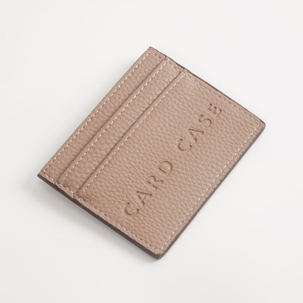 Beige card case with 'CARD CASE' branding on a light gray background