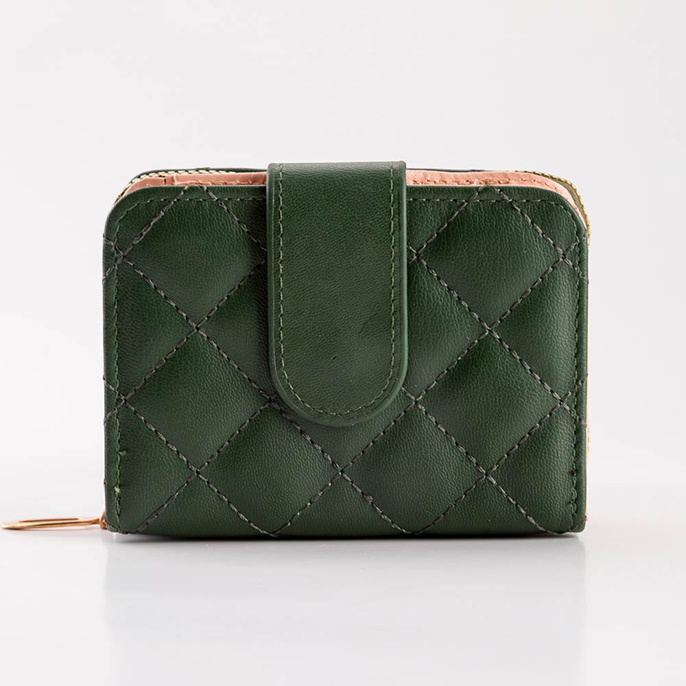 Green quilted wallet on a white background