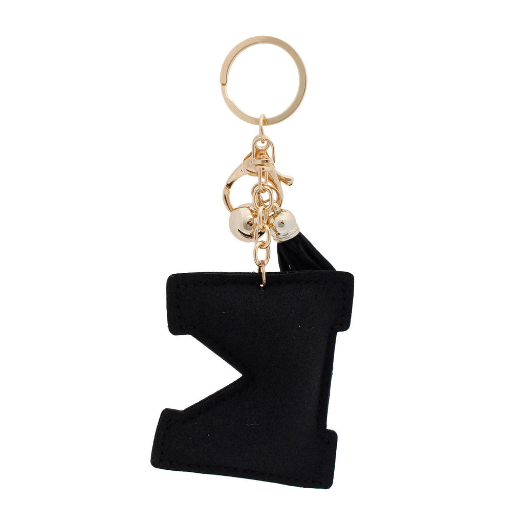 K Initial Black Rhinestone Padded Charm Keychain | Gold Bag Charm