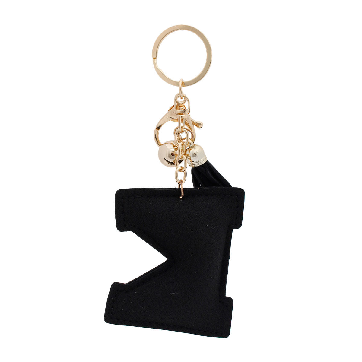 K Initial Black Rhinestone Padded Charm Keychain | Gold Bag Charm