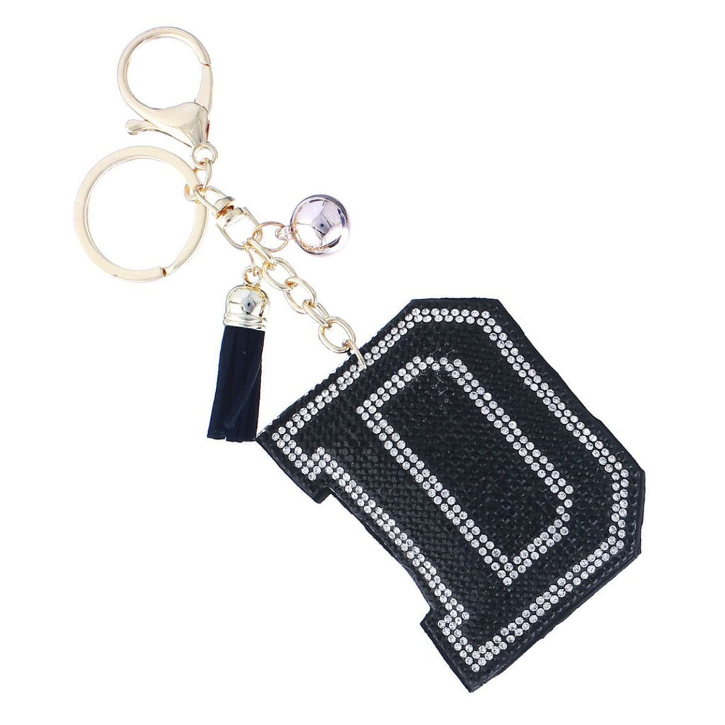 D Initial Black Rhinestone Padded Charm Keychain | Gold Bag Charm