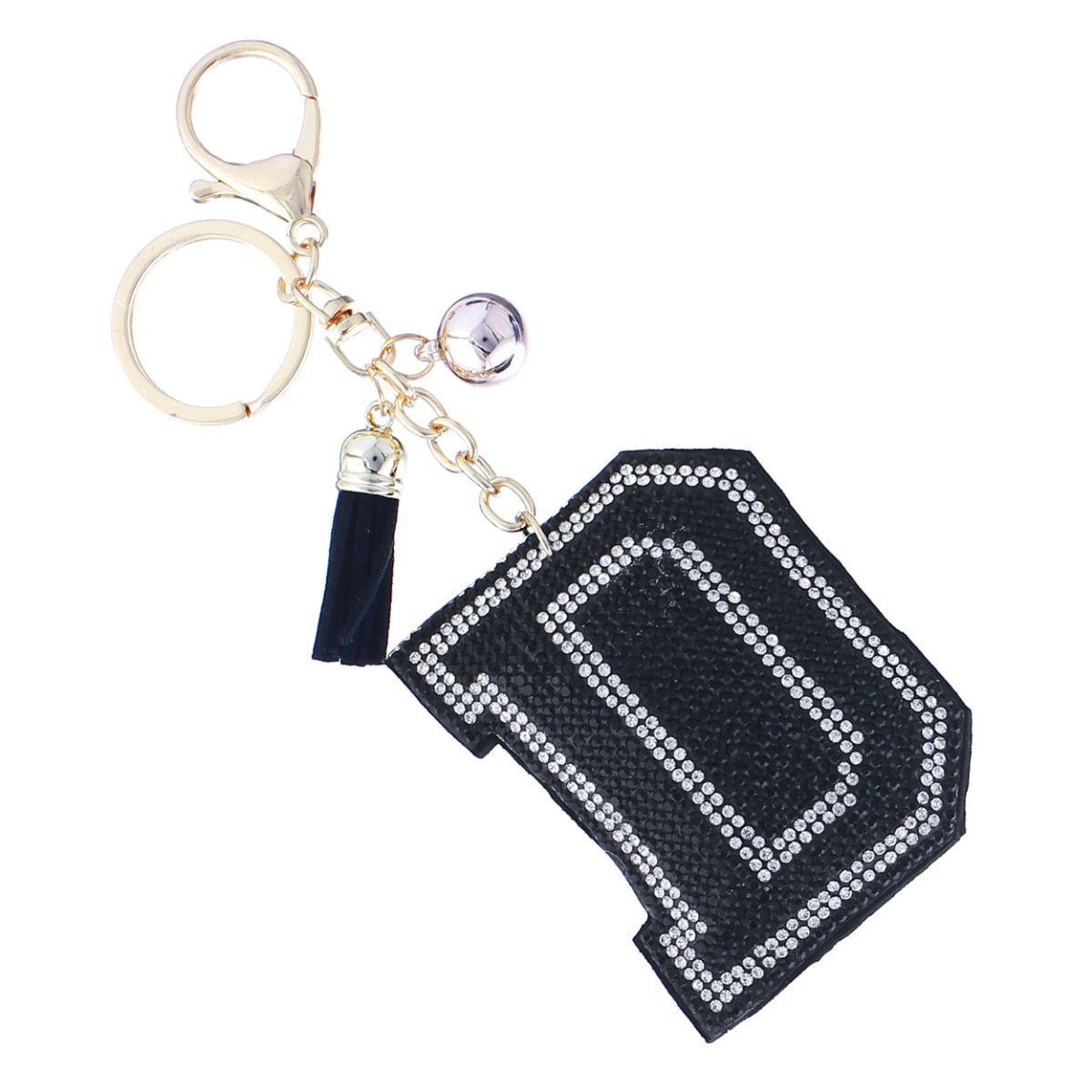 D Initial Black Rhinestone Padded Charm Keychain | Gold Bag Charm