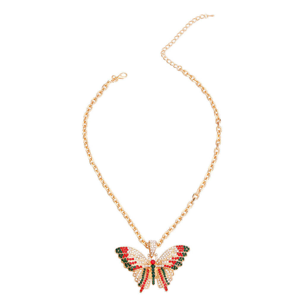 Gold Oval Chain Butterfly Pendant Necklace with Red & Green Rhinestones
