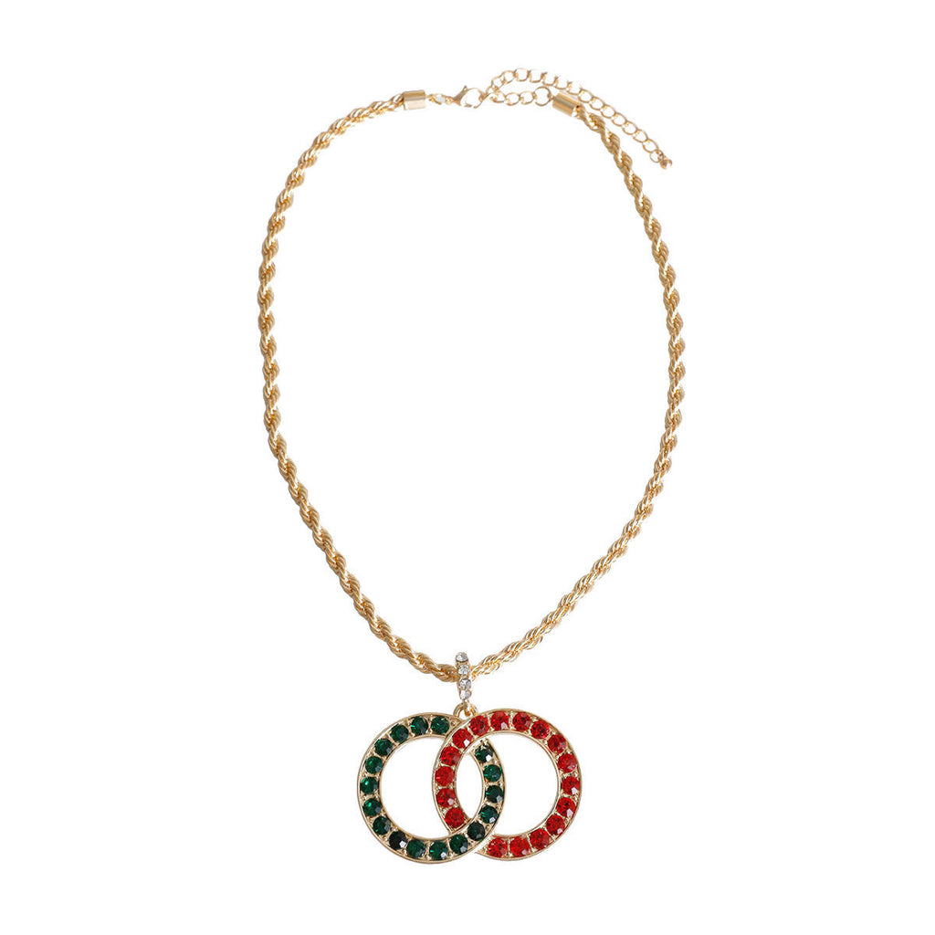 Red & Green Rhinestone Infinity Pendant Rope Chain Necklace