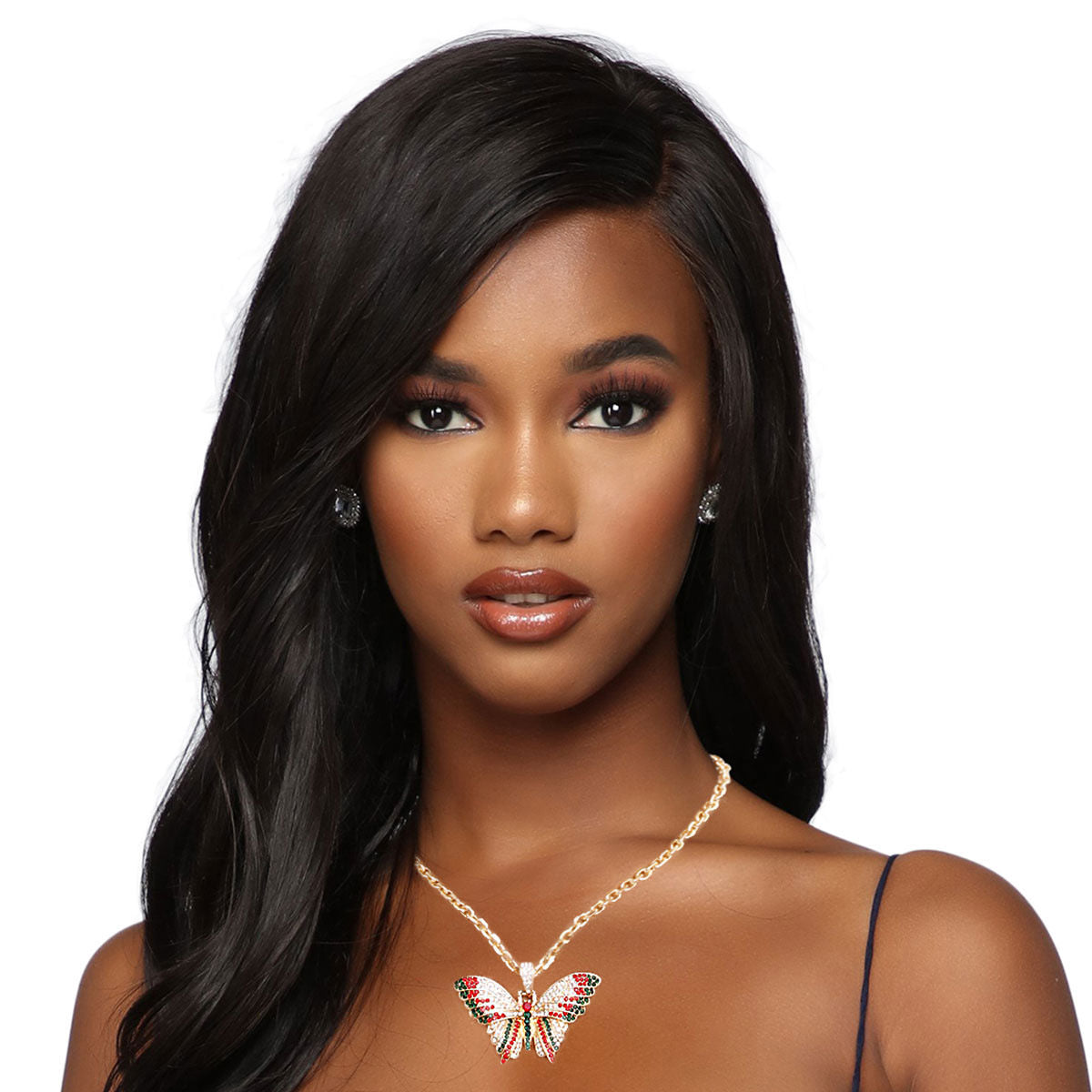 Gold Oval Chain Butterfly Pendant Necklace with Red & Green Rhinestones