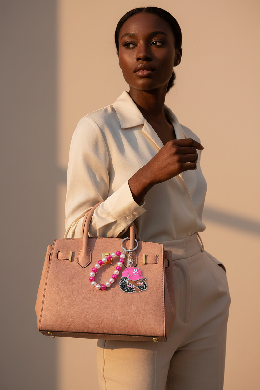 Black woman in cream blazer and tailored trousers carrying a blush pink structured tote bag with rhinestone-paved Afro woman awareness charm and hot pink and white pearl beaded wristlet attached to handle, warm beige editorial background, silver lobster clasp hardware visible