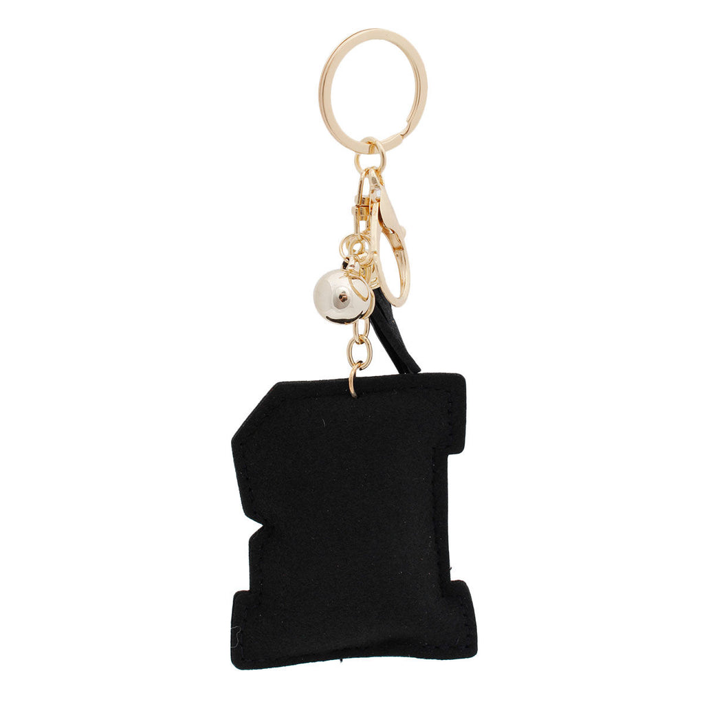 R Initial Black Rhinestone Padded Charm Keychain | Gold Bag Charm