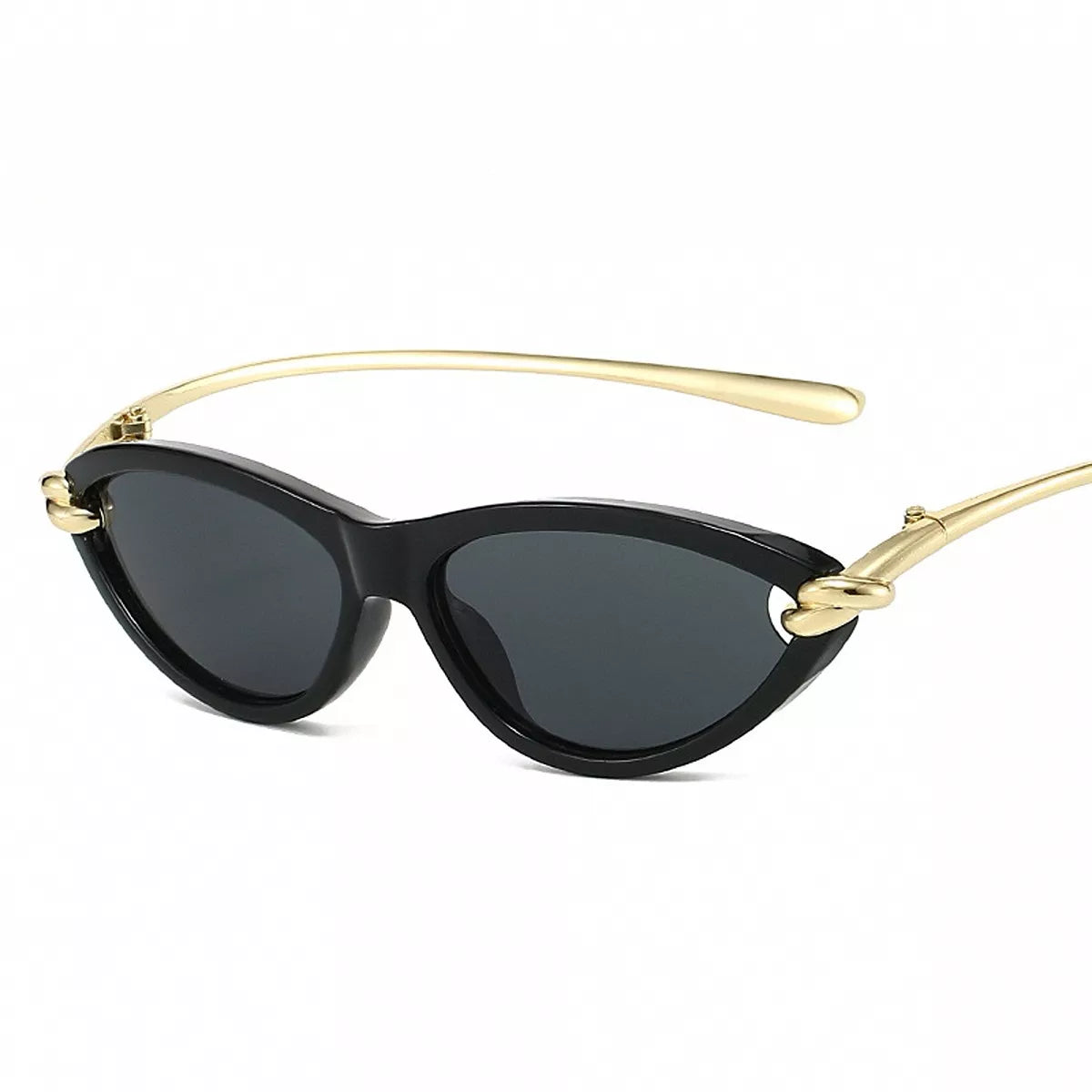 Black cat-eye sunglasses with dark gray lenses, gold-tone temples, and looped corner accents on a white background