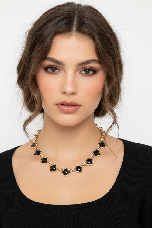 Black Quatrefoil Necklace on Gen Z Model
