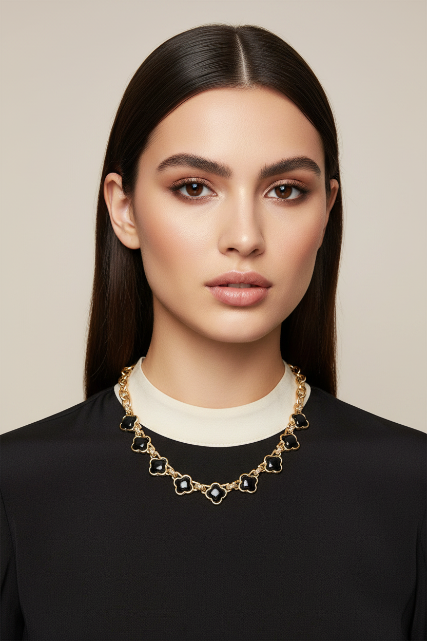 Black Quatrefoil Necklace on Millennial Model