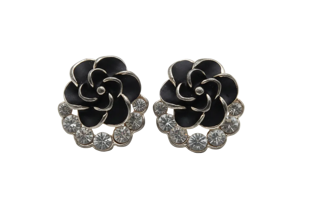 Black Rose Crystal Halo Stud Earrings