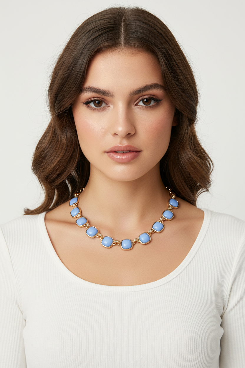 Blue Square Stone Necklace on Gen Z Model