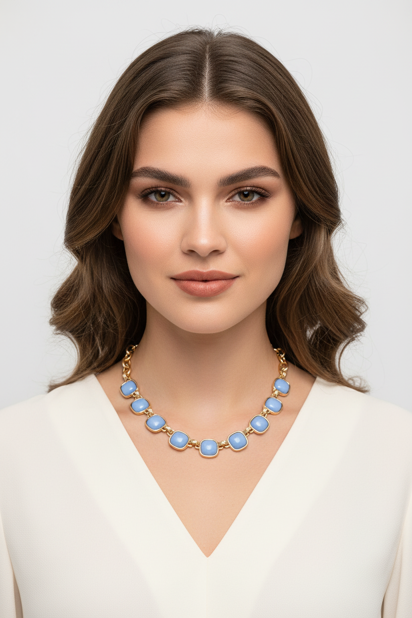 Blue Square Stone Necklace on Millennial Model