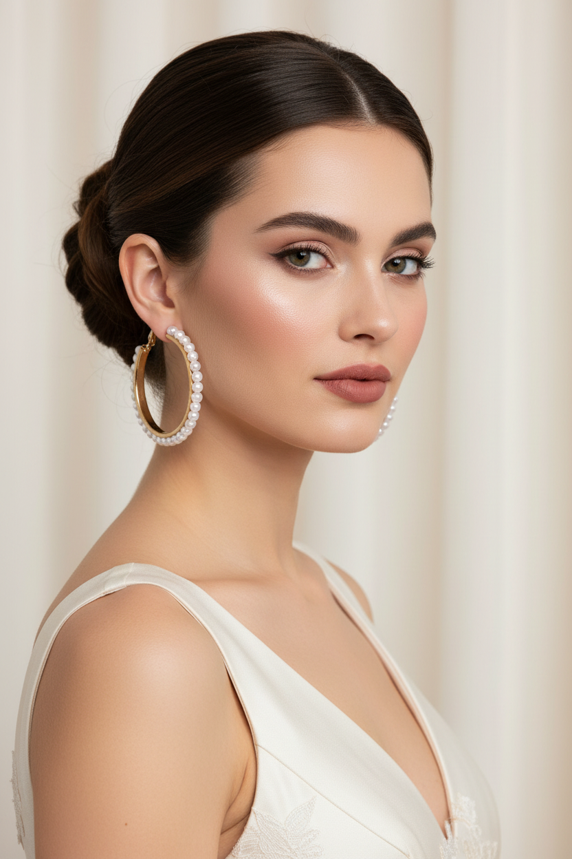 Woman with sleek dark hair updo wearing gold pearl hoop earrings, ivory sleeveless gown, cream draped background, bridal elegant editorial portrait