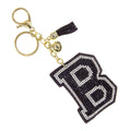 B Initial Black Rhinestone Padded Charm Keychain | Gold Bag Charm