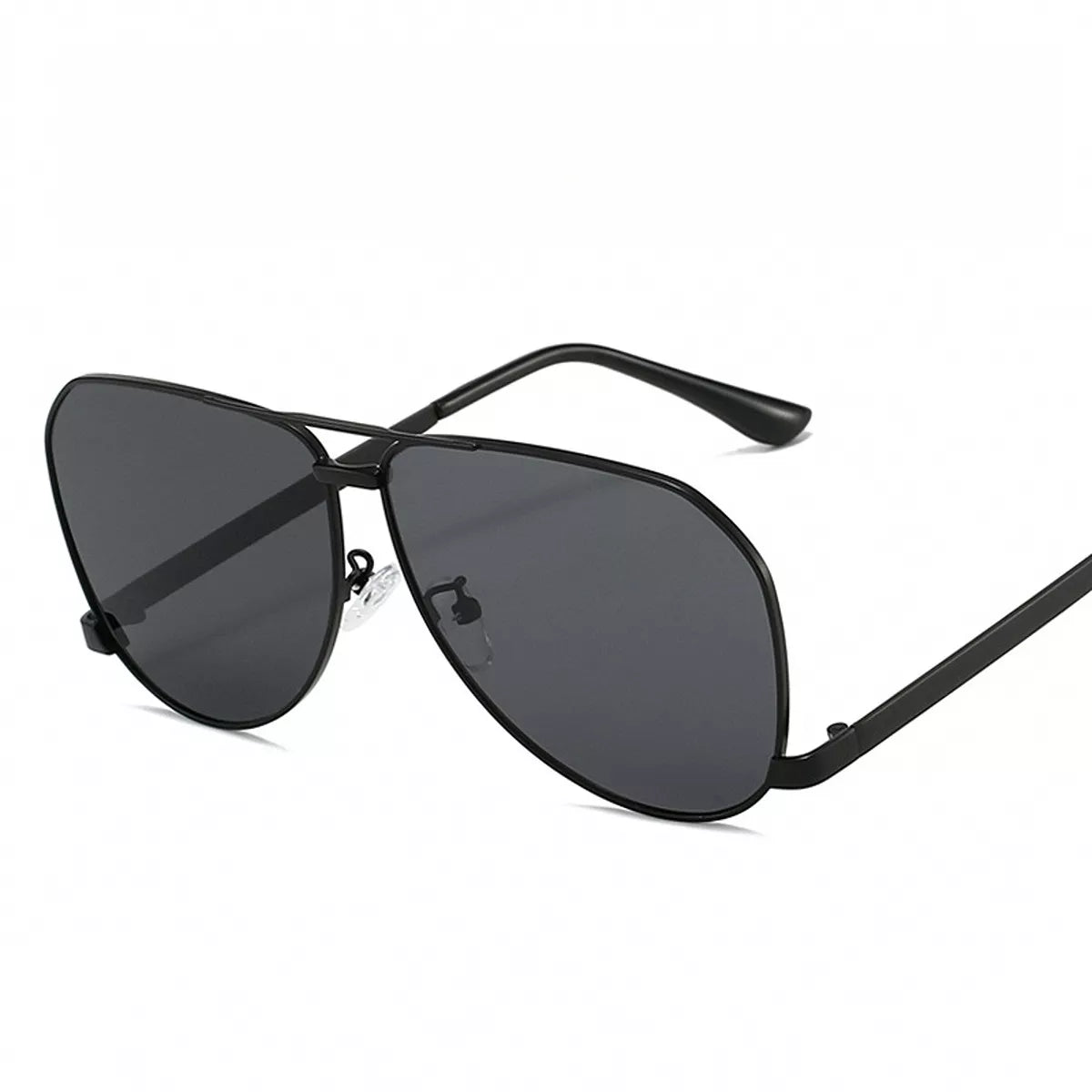 Black metal aviator sunglasses with dark gray teardrop lenses, a double bridge, clear nose pads, and curved black temple tips on a white background
