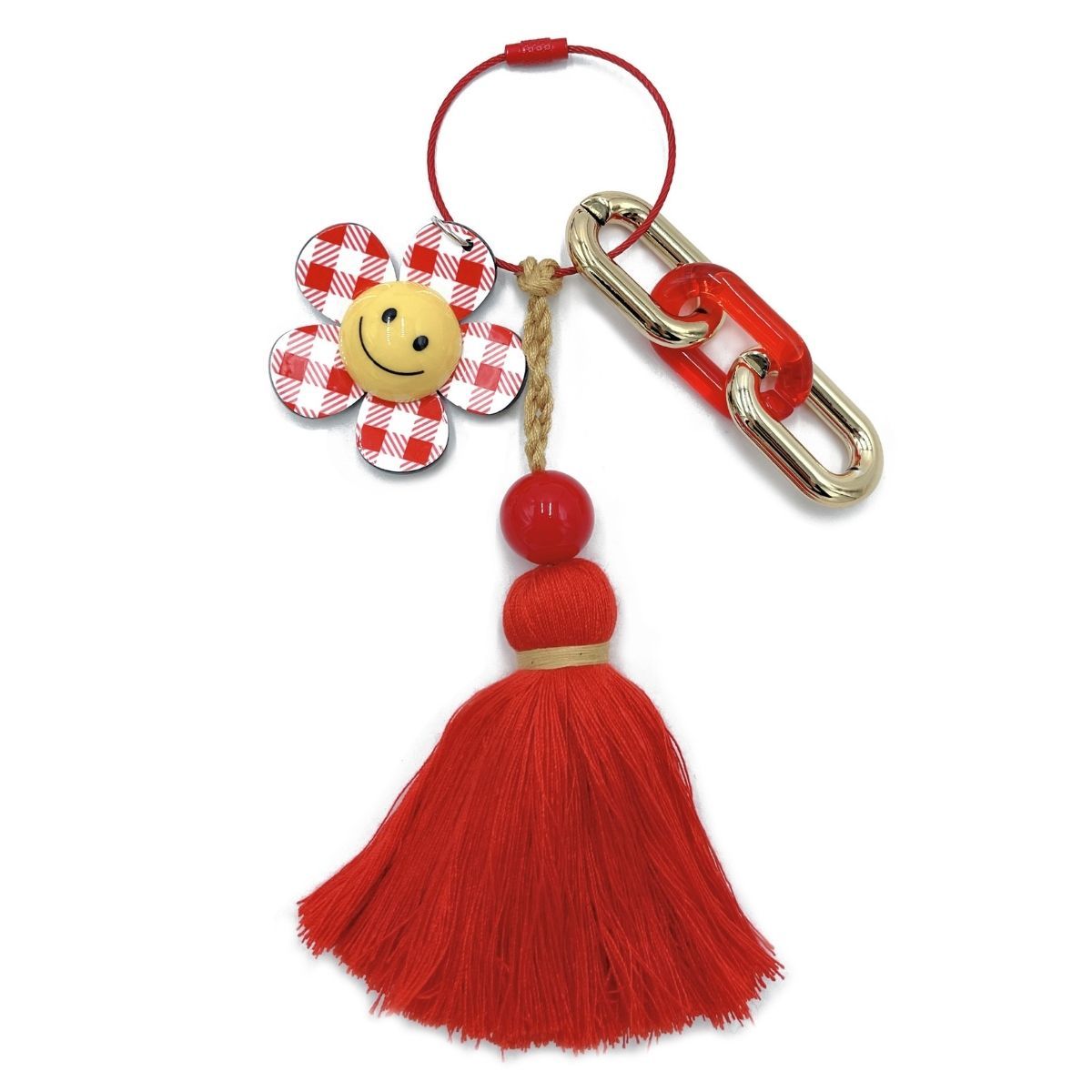 Red Gingham Smiley Face Flower Keychain | Acrylic Bag Charm with Tassel