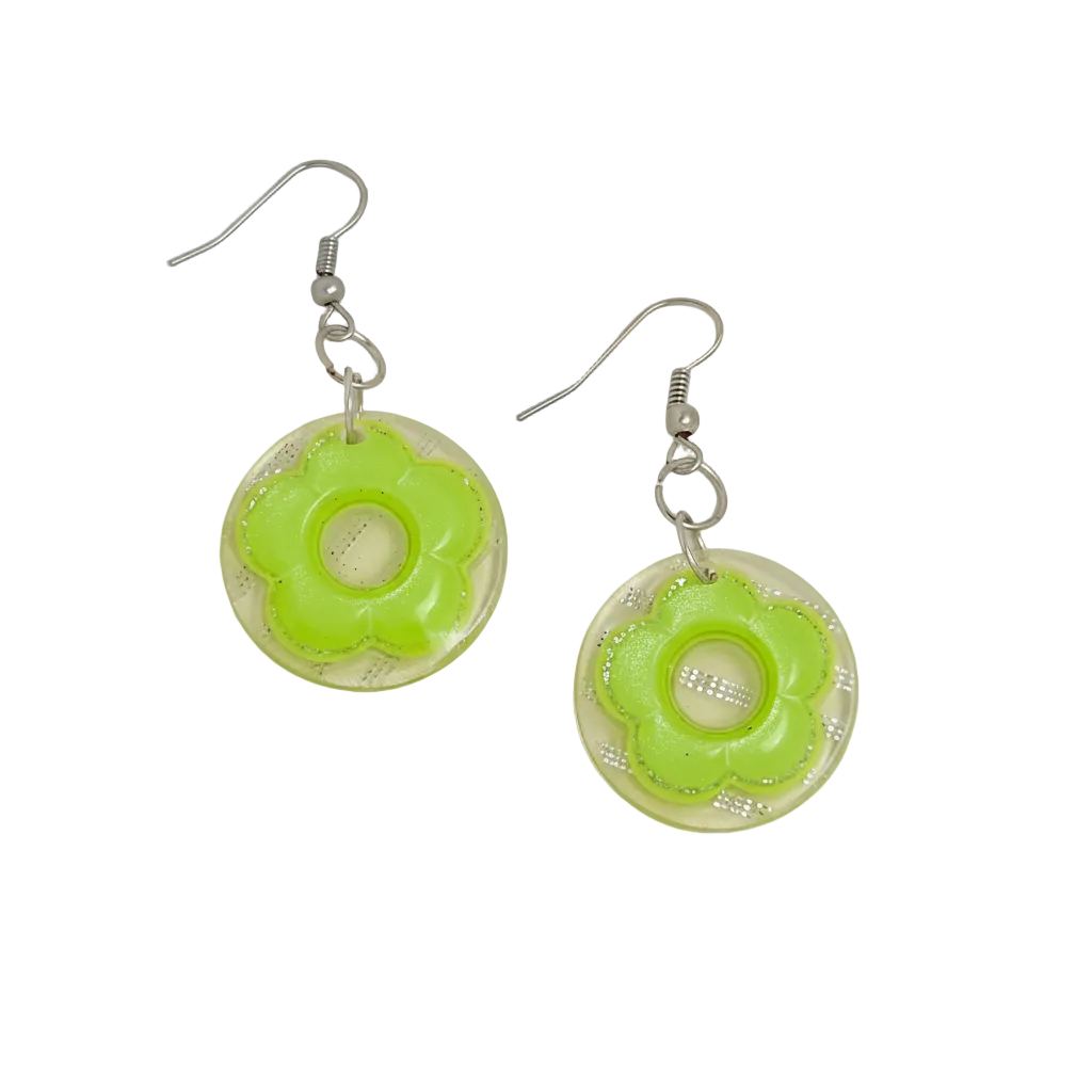 Clear Lime Green Flower Drop Earrings - White Background