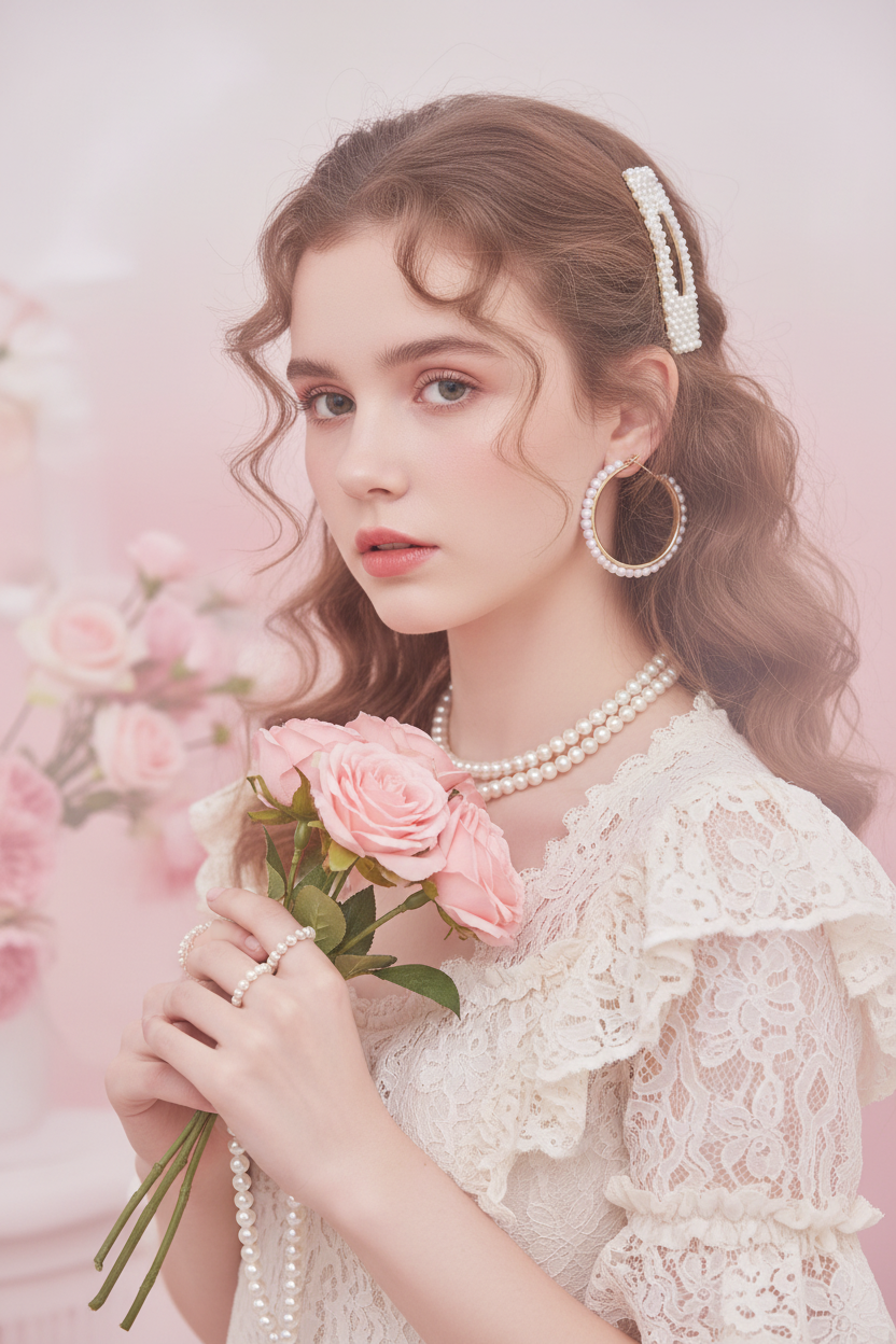 Young woman wearing gold pearl hoop earrings with pearl hair clip and layered pearl necklace, holding pink roses, white lace dress, soft pink floral background, coquette romantic aesthetic