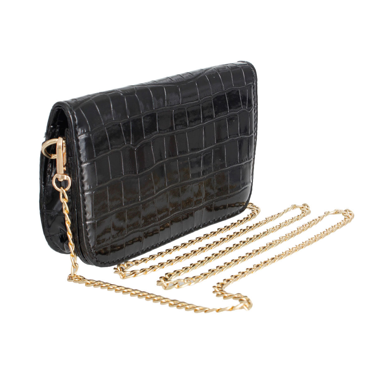 Angled view of a glossy black croc-embossed flap bag with a detachable gold-tone chain arranged beside it on a white background