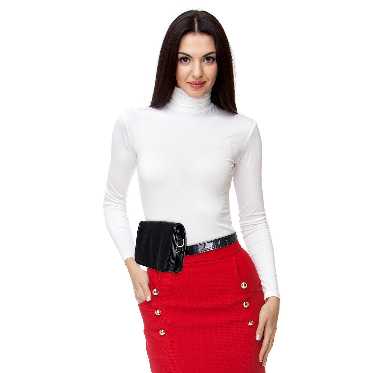 Model wearing a black croc-embossed belt bag at her waist with a white turtleneck and red skirt with gold-tone buttons