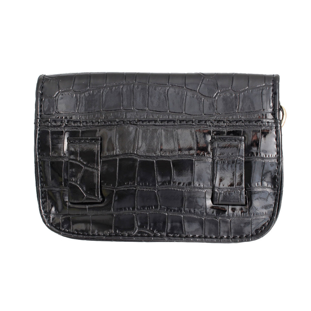Back of a black croc-embossed belt bag showing two stitched belt loops and rounded lower corners on a white background