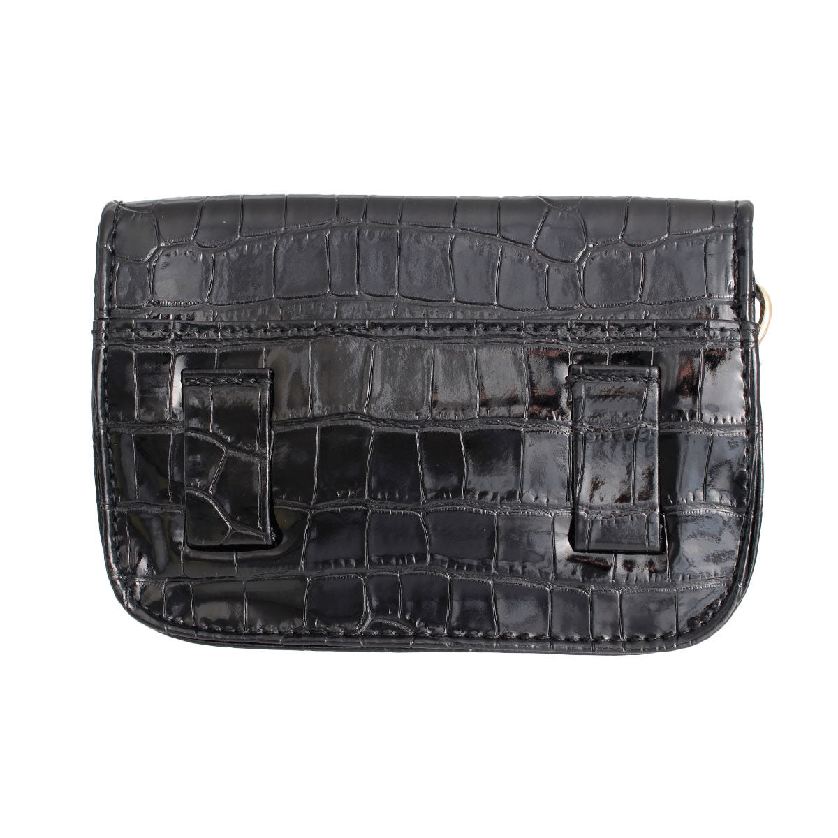 Back of a black croc-embossed belt bag showing two stitched belt loops and rounded lower corners on a white background