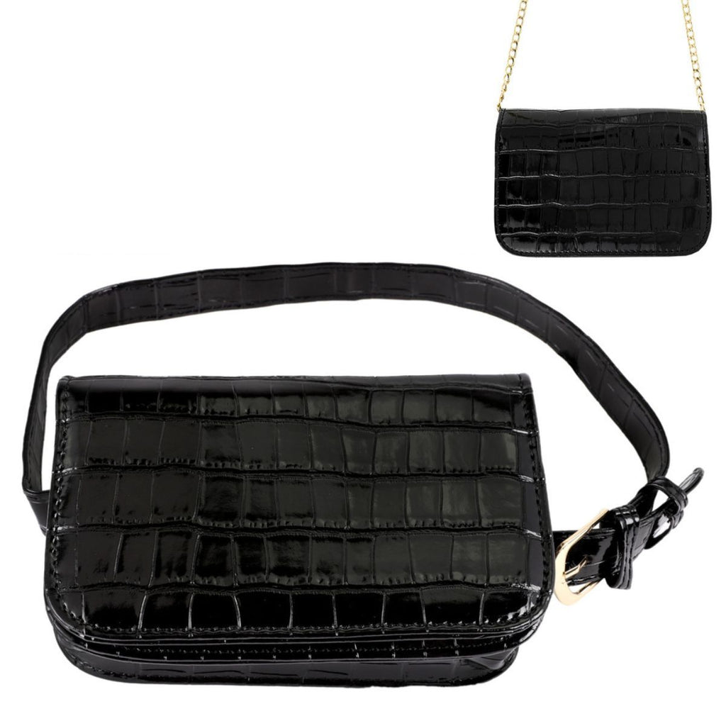 Black croc-embossed flap bag with a matching buckled belt, plus an inset showing the bag suspended from a gold-tone chain