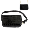Black croc-embossed flap bag with a matching buckled belt, plus an inset showing the bag suspended from a gold-tone chain