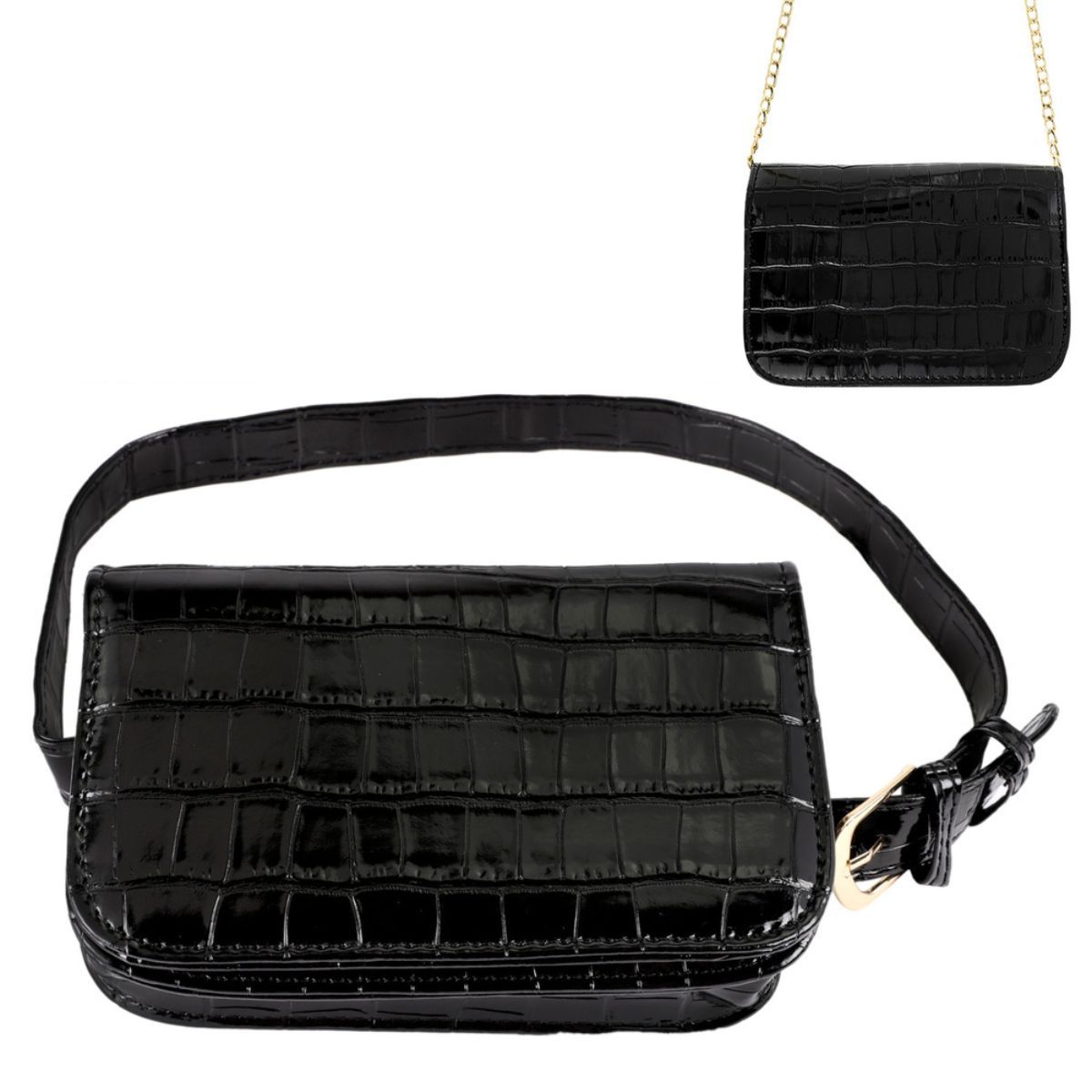 Black croc-embossed flap bag with a matching buckled belt, plus an inset showing the bag suspended from a gold-tone chain