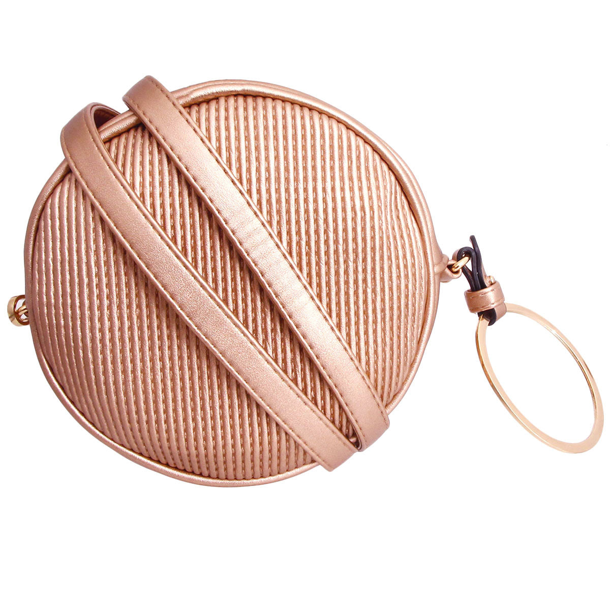 Rose gold vegan leather ribbed circle crossbody wristlet with gold metal circle detailing, zipper closure, and detachable matching shoulder strap